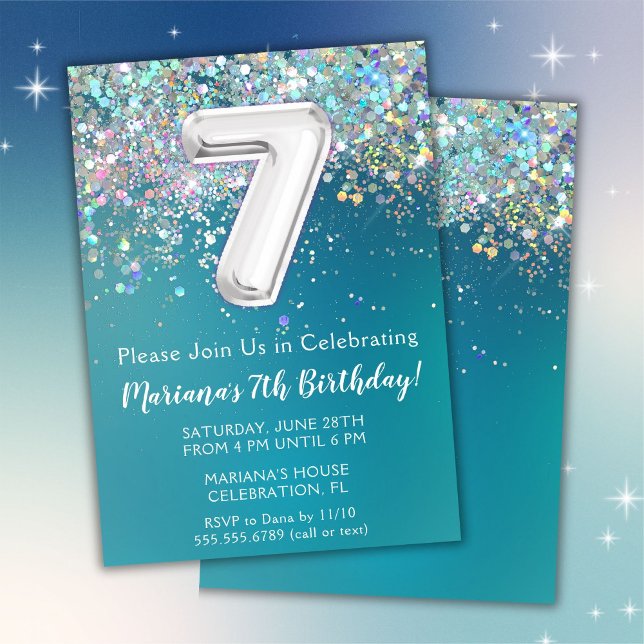 Invitation d'anniversaire 7 ans Teal Pailleté Arge (Créateur téléchargé)