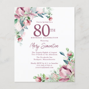 Invitation d'anniversaire 80 ans à fleurs rose pas