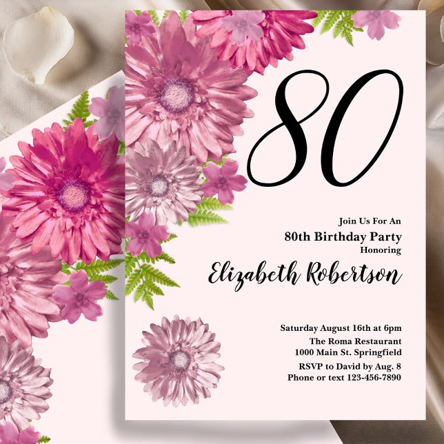 Invitation d'anniversaire 80 ans à fleurs roses en (Créateur téléchargé)