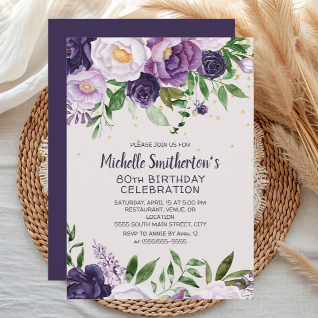Invitation d'anniversaire 80 ans à paillettes flor (Elegant purple watercolor floral women's 80th birthday party invitation)