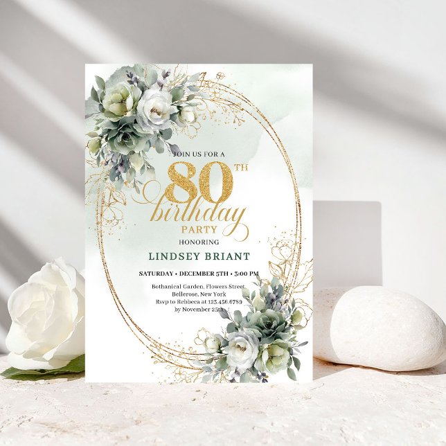 Invitation d'anniversaire 80 ans au feuillage de r (Romantic White Roses Foliage 80th Birthday Invite)