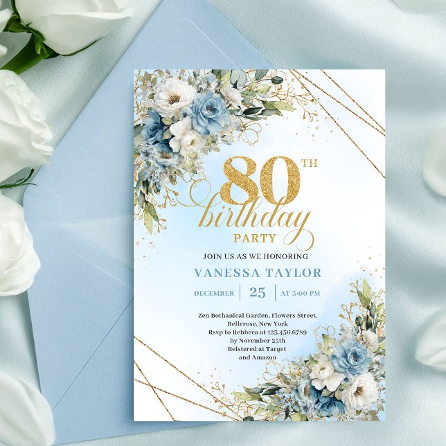 Invitation d'anniversaire 80 ans Bohème Bleu Blanc (Unique 80th Birthday Invitation Boho Blue White Florals)