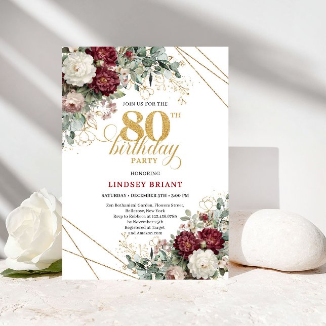Invitation d'anniversaire 80 ans Bohème Bourgogne  (Boho Burgundy Floral 80th Birthday)