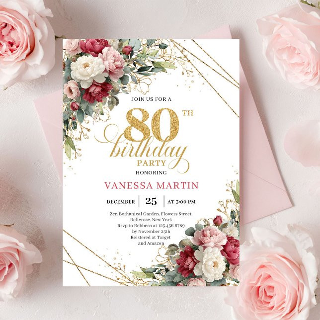 Invitation d'anniversaire 80 ans Boho Rouge Blanc  (Boho Red White Greenery 80th Birthday Invite)