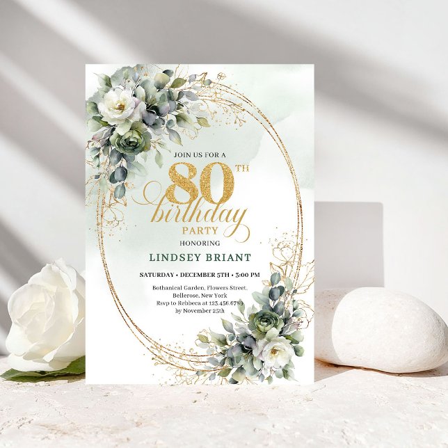 Invitation d'anniversaire 80 ans Botanique Romanti (Romantic Botanical Gold 80th Birthday Invitation)