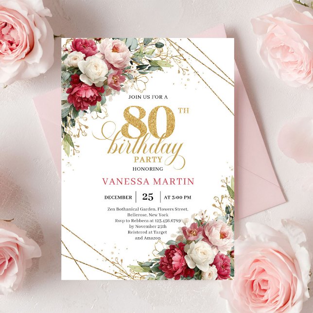 Invitation d'anniversaire 80 ans Burgundy Red Gold (Timeless Burgundy Red Gold 80th Birthday Invite)