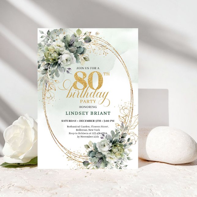 Invitation d'anniversaire 80 ans Chic Aquarelle Ve (Chic Watercolor Greenery 80th Birthday Invite)