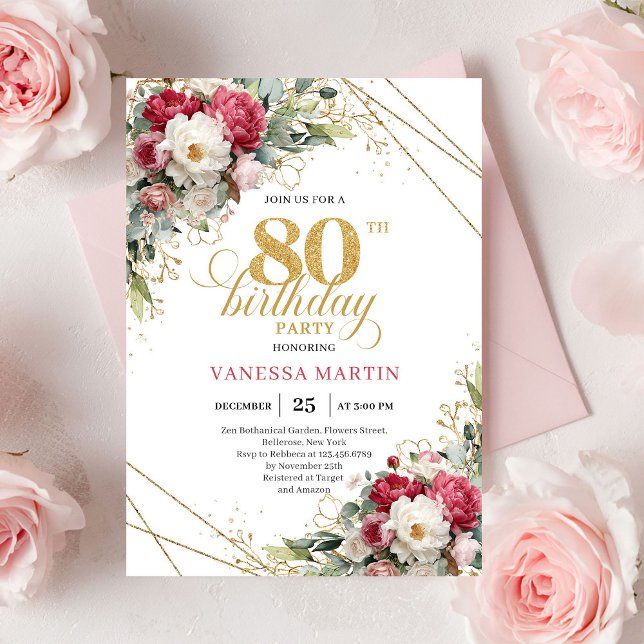 Invitation d'anniversaire 80 ans Chic Blush White  (Chic Blush White Gold 80th Birthday Invitation)