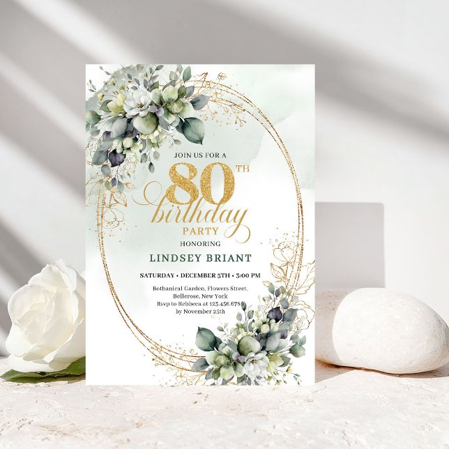 Invitation d'anniversaire 80 ans Chic Botanical Wh (Chic Botanical White Roses 80th Birthday Invite)
