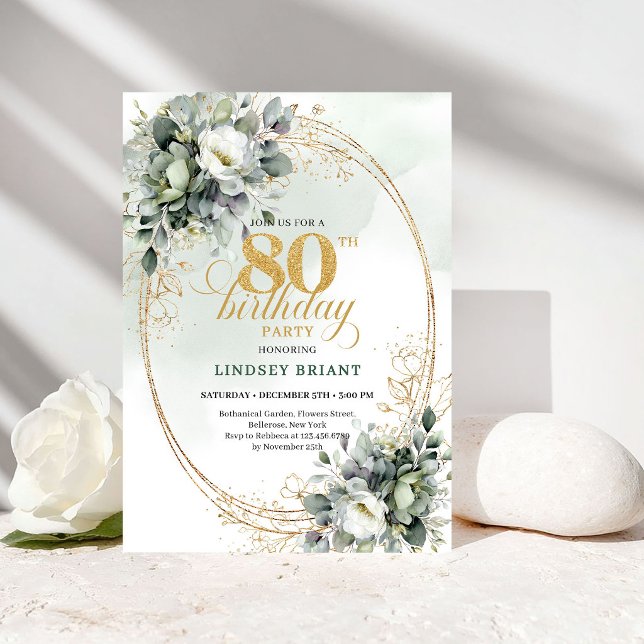 Invitation d'anniversaire 80 ans Chic Eucalyptus V (Chic Eucalyptus Greenery 80th Birthday Invite)