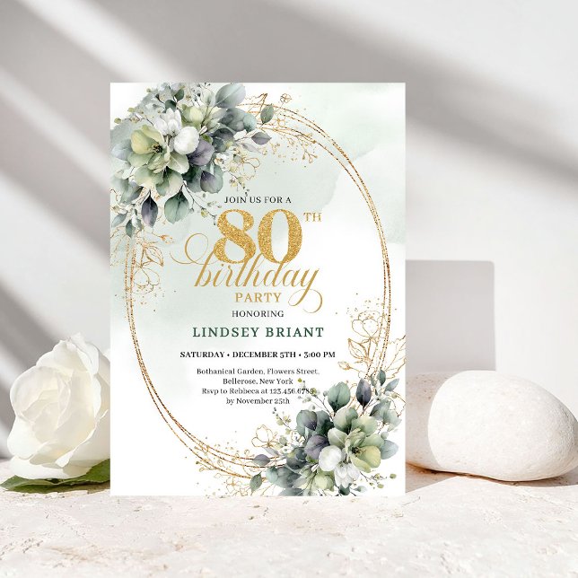 Invitation d'anniversaire 80 ans Chic Végétal et O (Chic Greenery and Gold 80th Birthday Invitation)