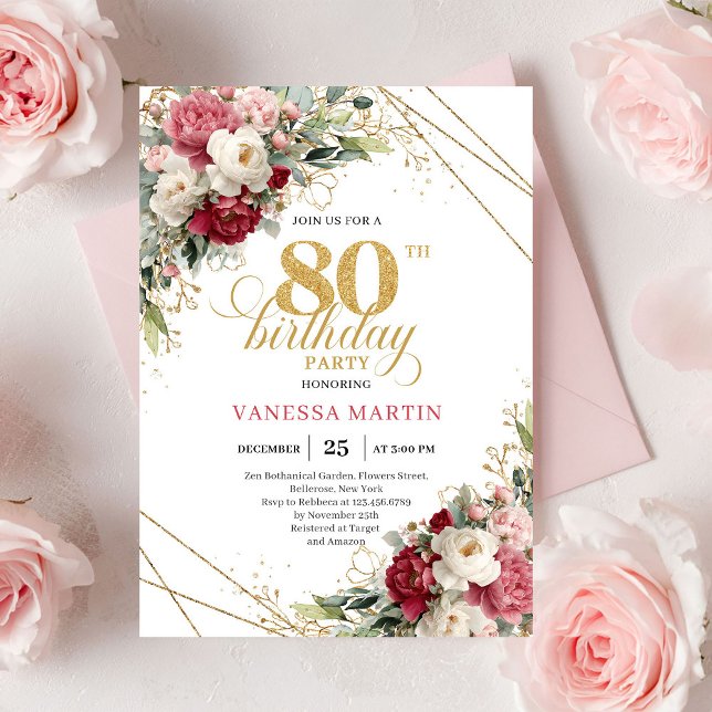 Invitation d'anniversaire 80 ans Classic Burgundy  (Classic Burgundy Blush Gold 80th Birthday Invite)