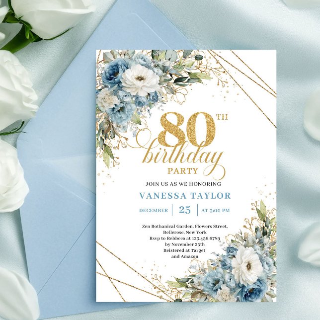 Invitation d'anniversaire 80 ans Dusty Blue Floral (Elegant Dusty Blue Floral Gold 80th Birthday InviteCard

)