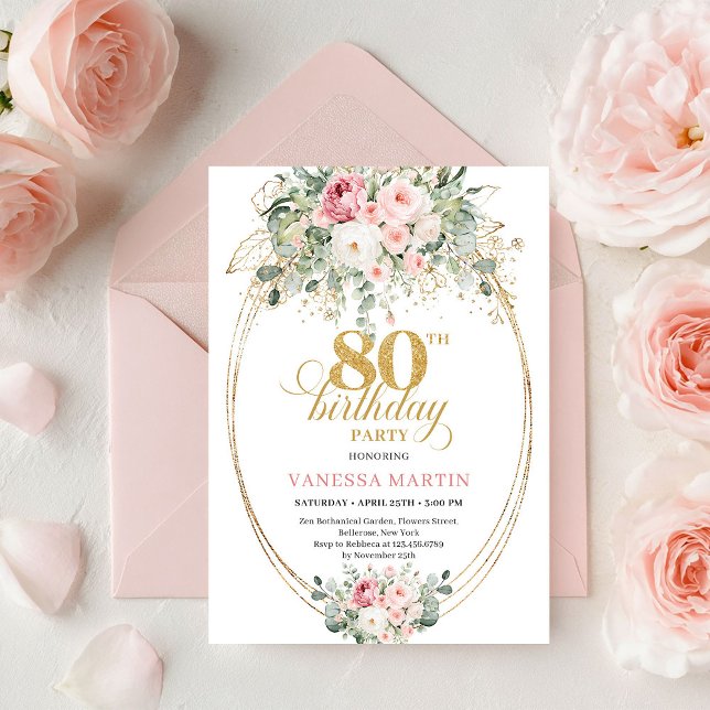 Invitation d'anniversaire 80 ans Elegant Boho Blus (Elegant Boho Blush Roses Greenery Gold 80th Birthday)