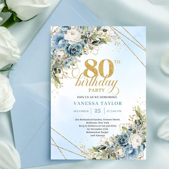 Invitation d'anniversaire 80 ans élégante avec fle (Graceful 80th Birthday Invitation Bohemian Flowers Gold)