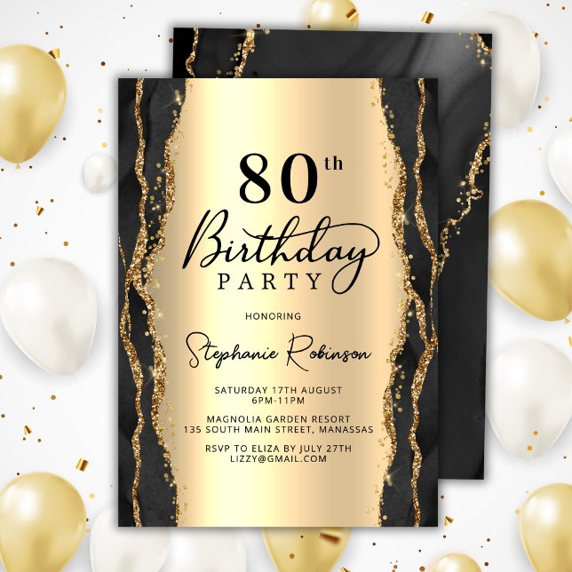 Invitation d'anniversaire 80 ans en Agate Noir Or  (Créateur téléchargé)