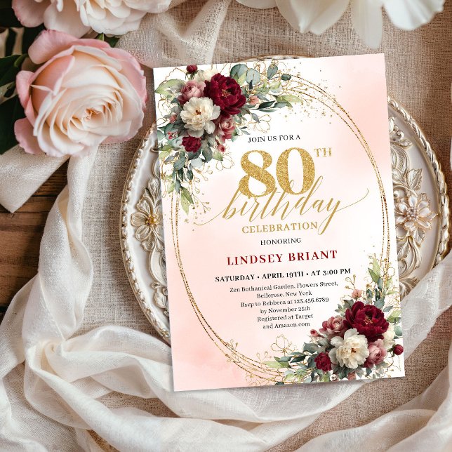Invitation d'anniversaire 80 ans en aquarelle rose (Watercolor Blush Floral Gold 80th Birthday Invite)