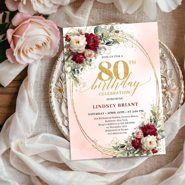 Invitation d'anniversaire 80 ans Fleur Or Burgundy (Soft Burgundy Floral Gold 80th Birthday Invitation)
