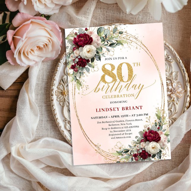 Invitation d'anniversaire 80 ans Fleurs Boho Bourg (Modern Burgundy Boho Flowers 80th Birthday Invite)