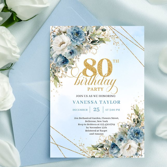 Invitation d'anniversaire 80 ans Fleurs de Bleu Po (Classic Dusty Blue Floral Gold 80th Birthday Invite Set

)