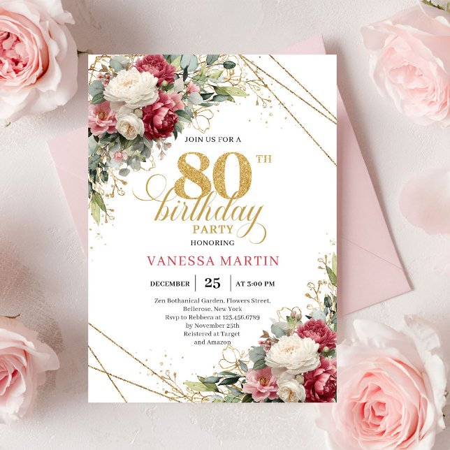 Invitation d'anniversaire 80 ans Floral Blanc Bour (Vintage Burgundy White Floral 80th Birthday Invite)