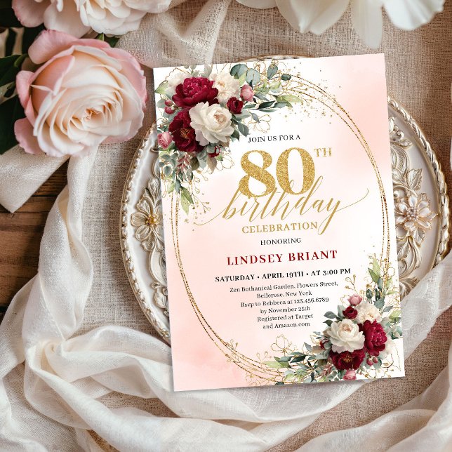 Invitation d'anniversaire 80 ans Floral Chic Burgu (Burgundy Blush Floral Chic 80th Birthday Invitation)