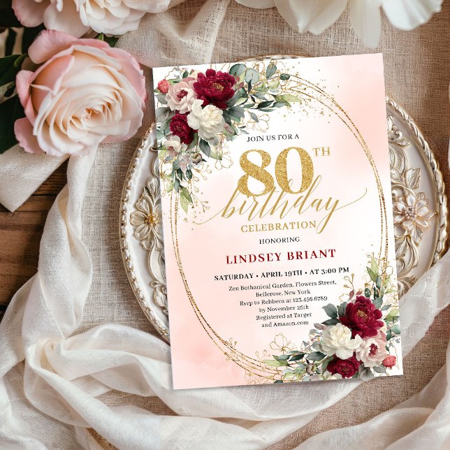 Invitation d'anniversaire 80 ans Floral Or Bourgog (Classic Burgundy Floral Gold 80th Birthday Invite)