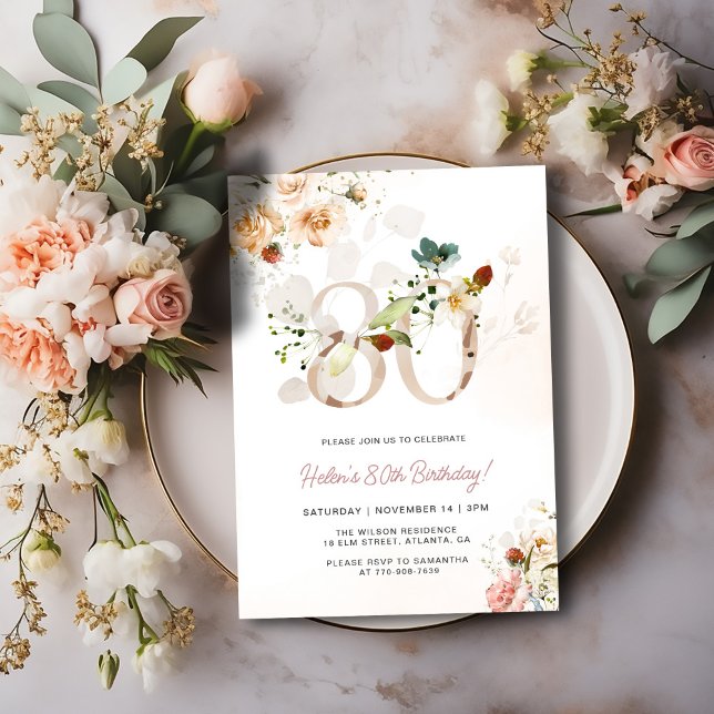 Invitation d'anniversaire 80 ans Floral Rose et Or (Créateur téléchargé)