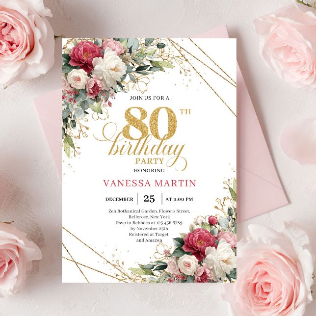 Invitation d'anniversaire 80 ans Floral Rouge Clas (Classic Red Burgundy Floral 80th Birthday Invite)