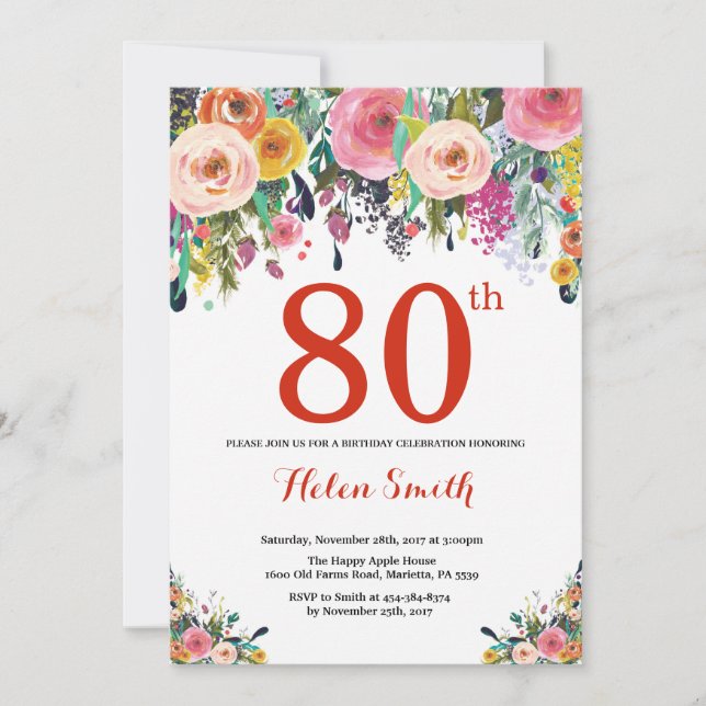 Invitation d'anniversaire 80 ans Florale Rouge (Devant)