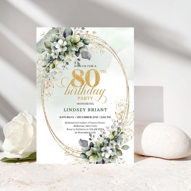 Invitation d'anniversaire 80 ans Modern Greenery G (Modern Greenery Gold 80th Birthday Invitation)