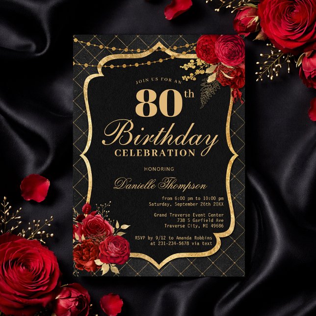 Invitation d'anniversaire 80 ans Noir, Rouge & Or (Black, Red & Gold 80th Birthday Invitation with Roses)