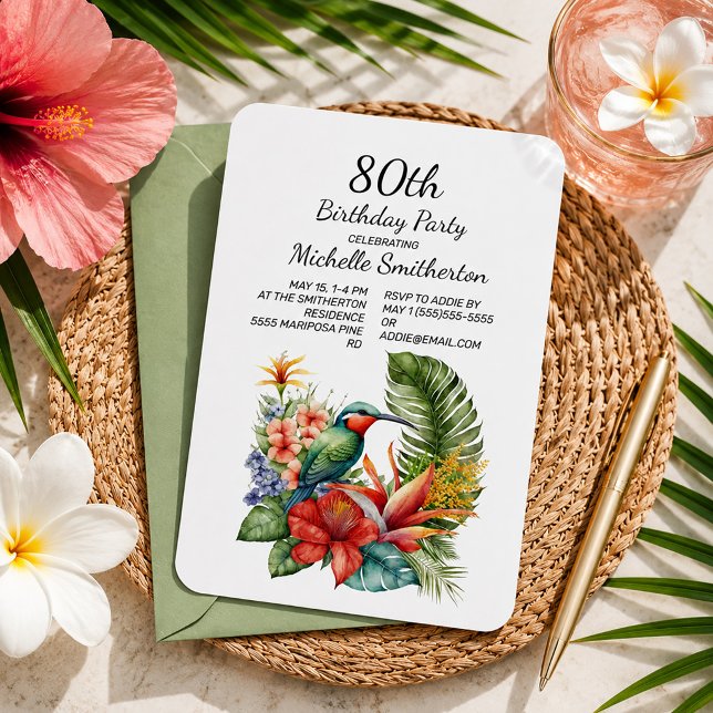 Invitation d'anniversaire 80 ans oiseau-mouche flo (Tropical hummingbird 80th birthday party invitation)