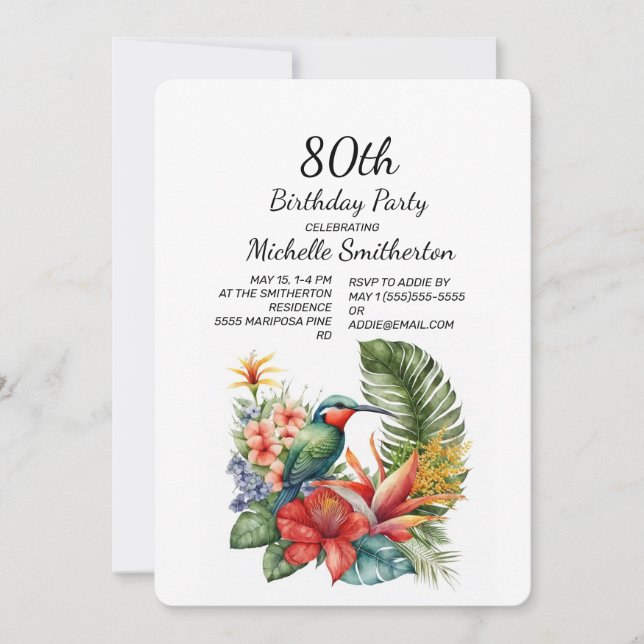Invitation d'anniversaire 80 ans oiseau-mouche flo (Devant)