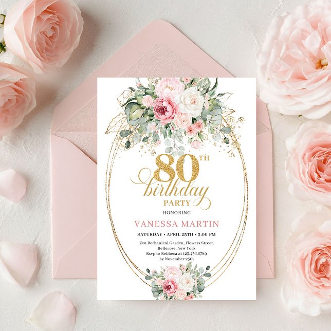 Invitation d'anniversaire 80 ans Pretty Boho Blush (Pretty Boho Blush Roses 80th Birthday Invitation Art

)