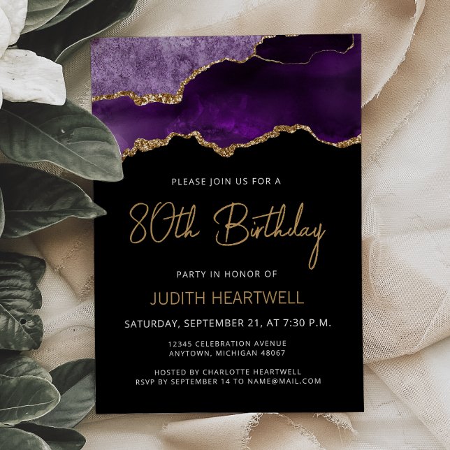 Invitation d'anniversaire 80 ans Purple Gold Agate (Créateur téléchargé)