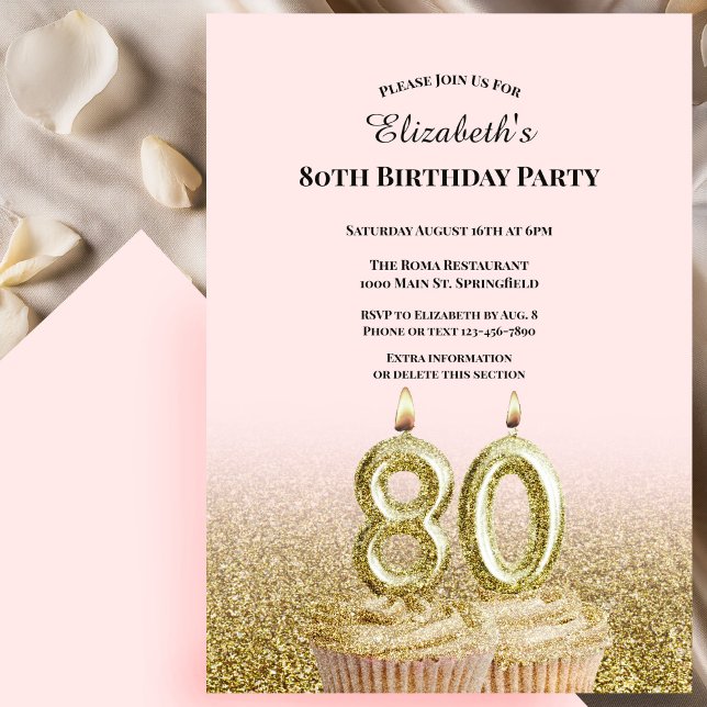 Invitation d'anniversaire 80 ans rose et or pour e (Créateur téléchargé)