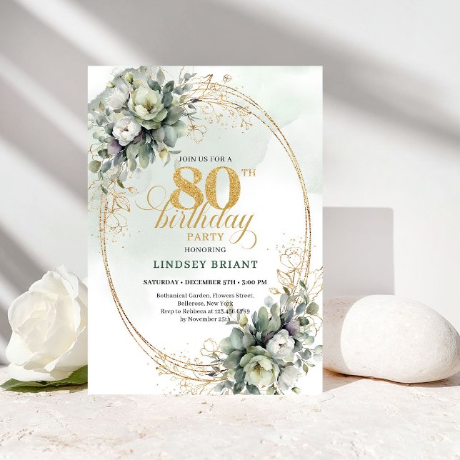 Invitation d'anniversaire 80 ans Roses Blanches Ro (Romantic White Roses Gold 80th Birthday Invite)