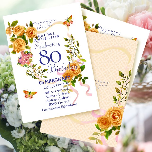 Invitation d'anniversaire 80 ans Ruban Rose Or (Gold Rose Ribbon 80th Birthday Invitation)