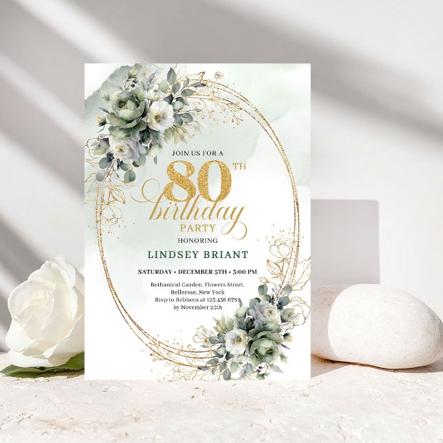 Invitation d'anniversaire 80 ans Sophisticated Gre (Sophisticated Greenery Gold 80th Birthday Invite)