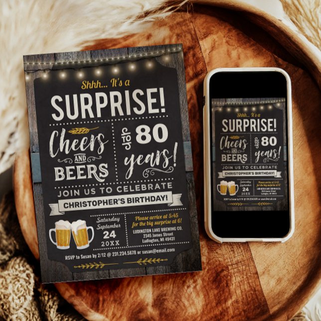 Invitation d'anniversaire 80 ans Surprise Cheers a (Surprise Cheers and Beers 80th Birthday Invitation)