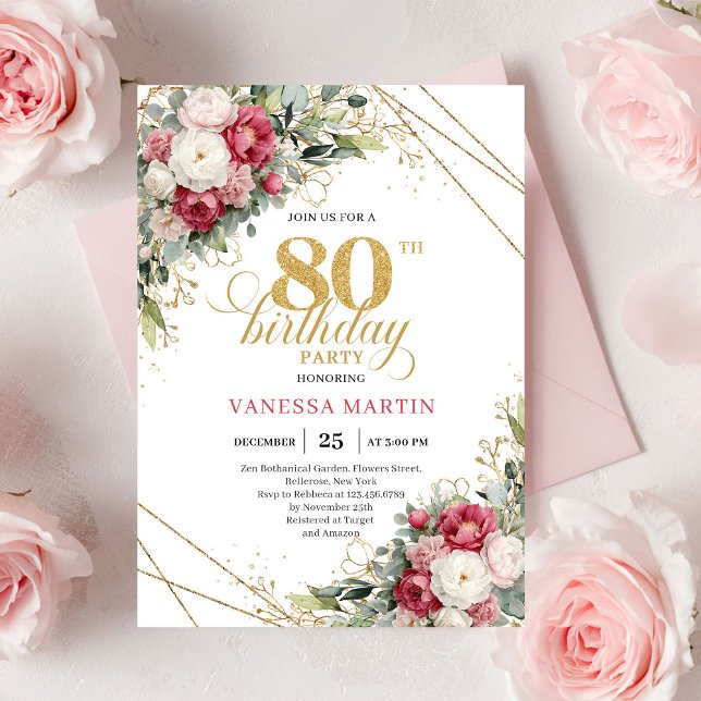 Invitation d'anniversaire 80 ans Vintage Burgundy  (Vintage Burgundy Red Gold 80th Birthday Invite)