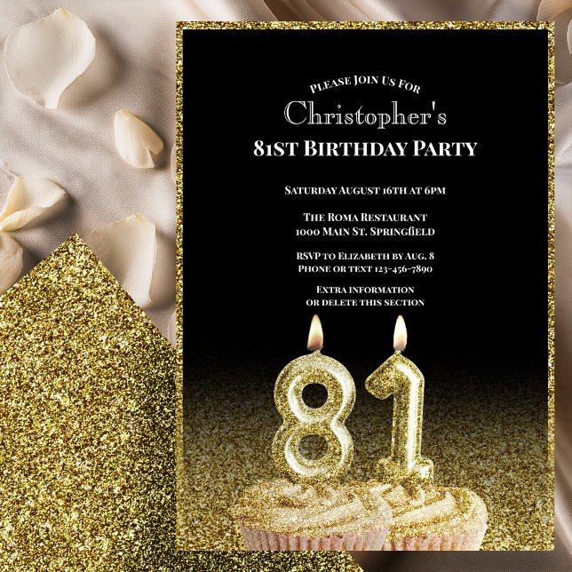 Invitation d'anniversaire 81 ans noir et or pour l (Créateur téléchargé)
