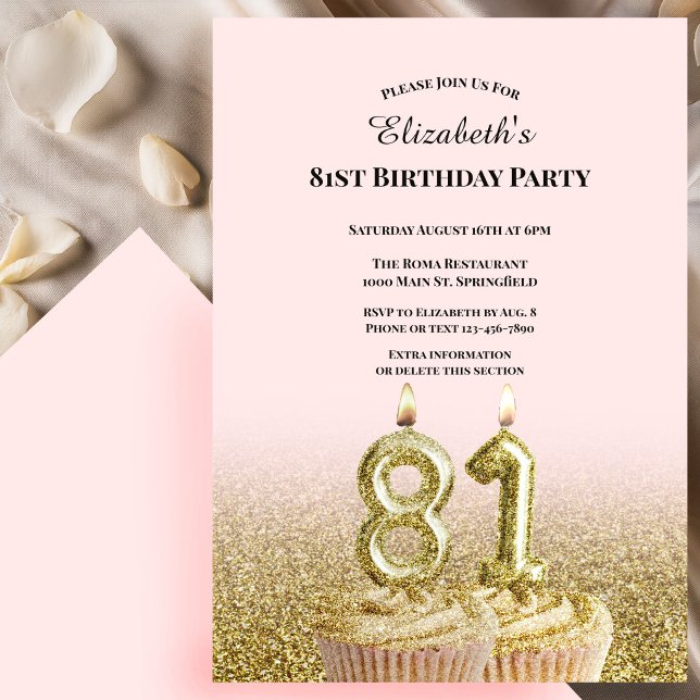 Invitation d'anniversaire 81 ans rose et or pour e (Créateur téléchargé)