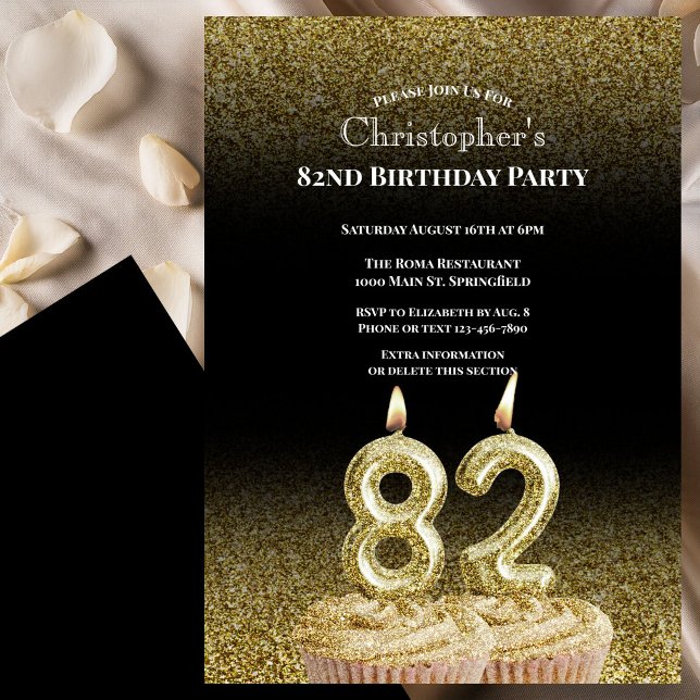 Invitation d'anniversaire 82 ans noir et or pour l (Créateur téléchargé)