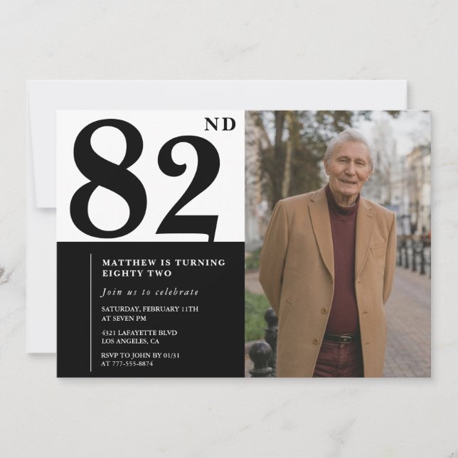 Invitation d'anniversaire 82 ans photo noir et bla (Devant)
