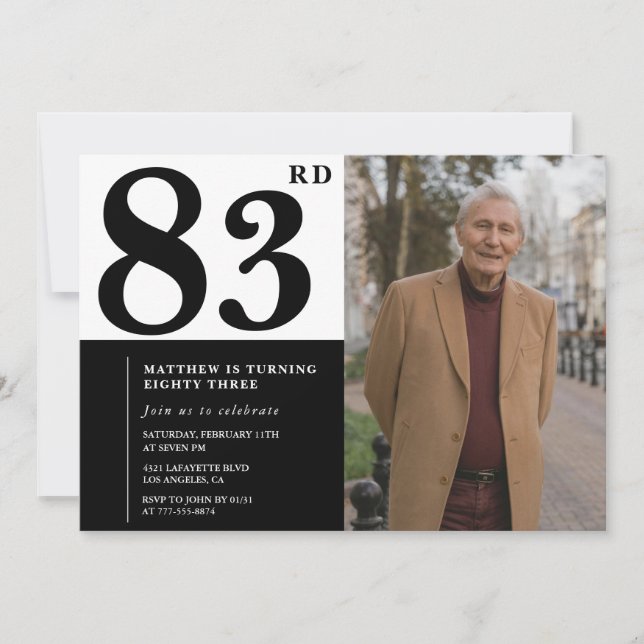 Invitation d'anniversaire 83 ans en noir et blanc  (Devant)
