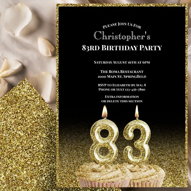 Invitation d'anniversaire 83 ans noir et or pour l (Créateur téléchargé)