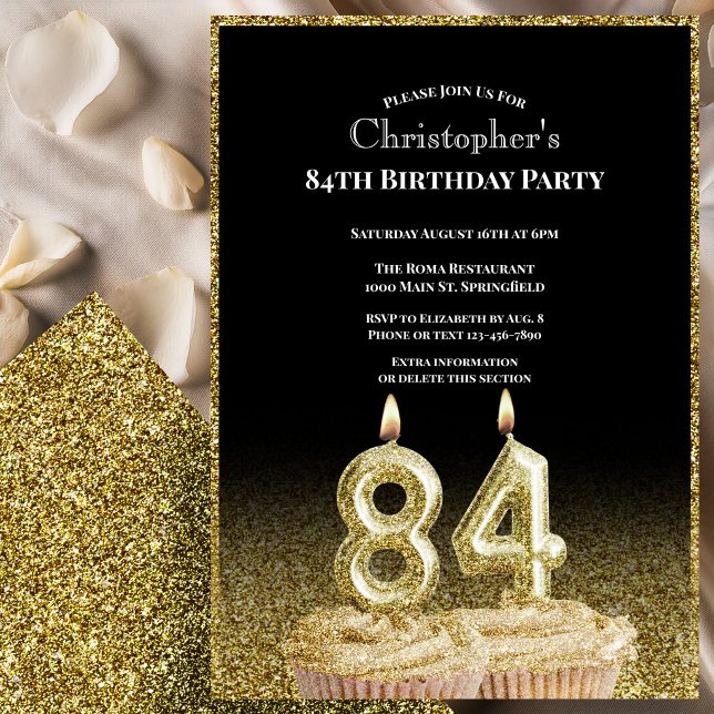 Invitation d'anniversaire 84 ans noir et or pour l (Créateur téléchargé)