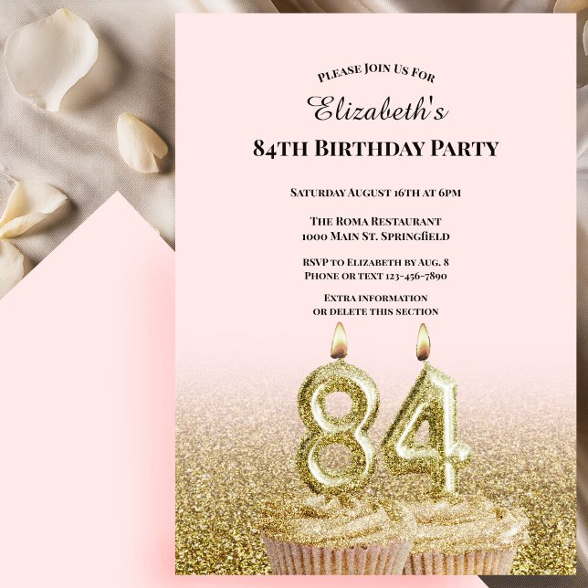 Invitation d'anniversaire 84 ans rose et or pour e (Créateur téléchargé)